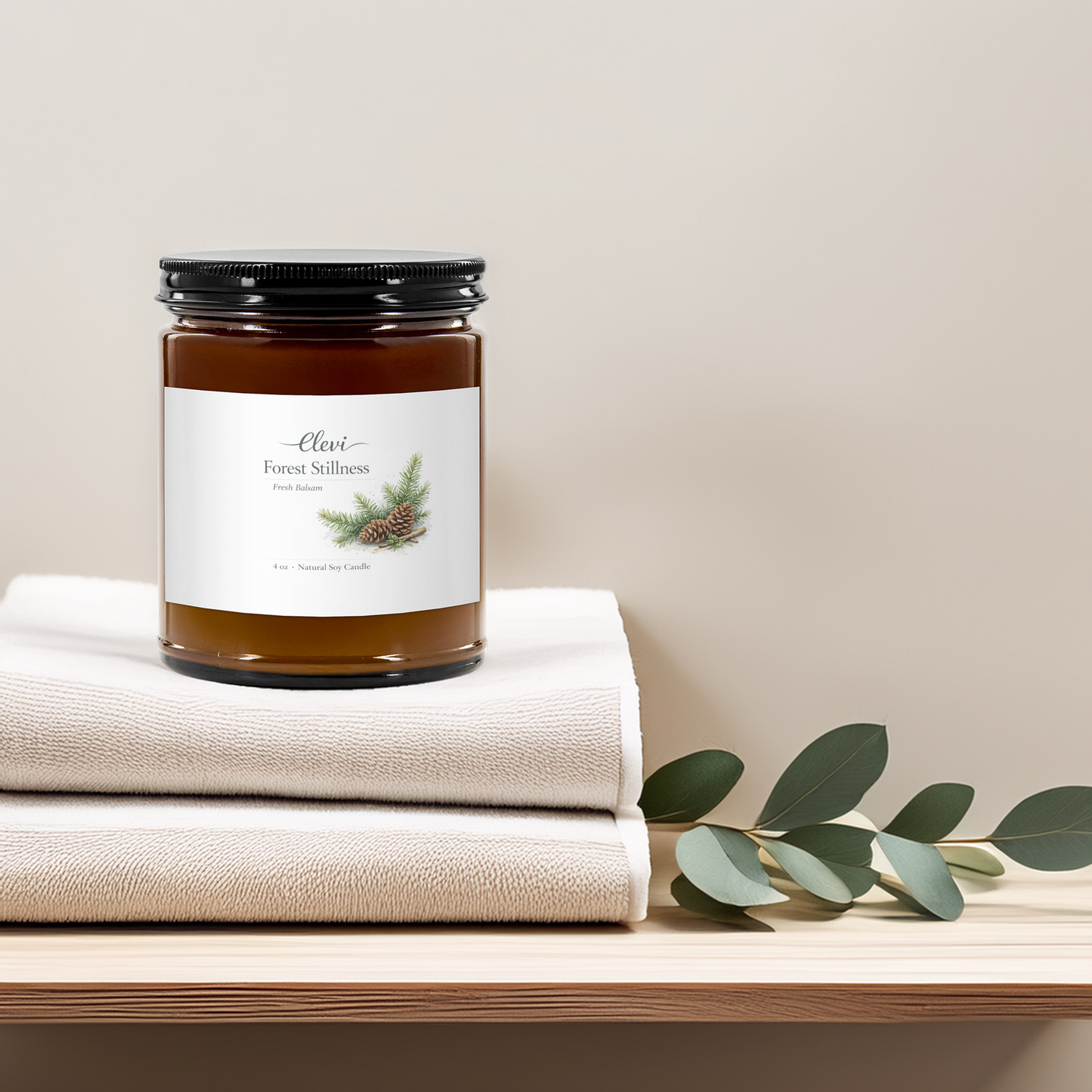 Elevi wellness candle label with calming scent blend
