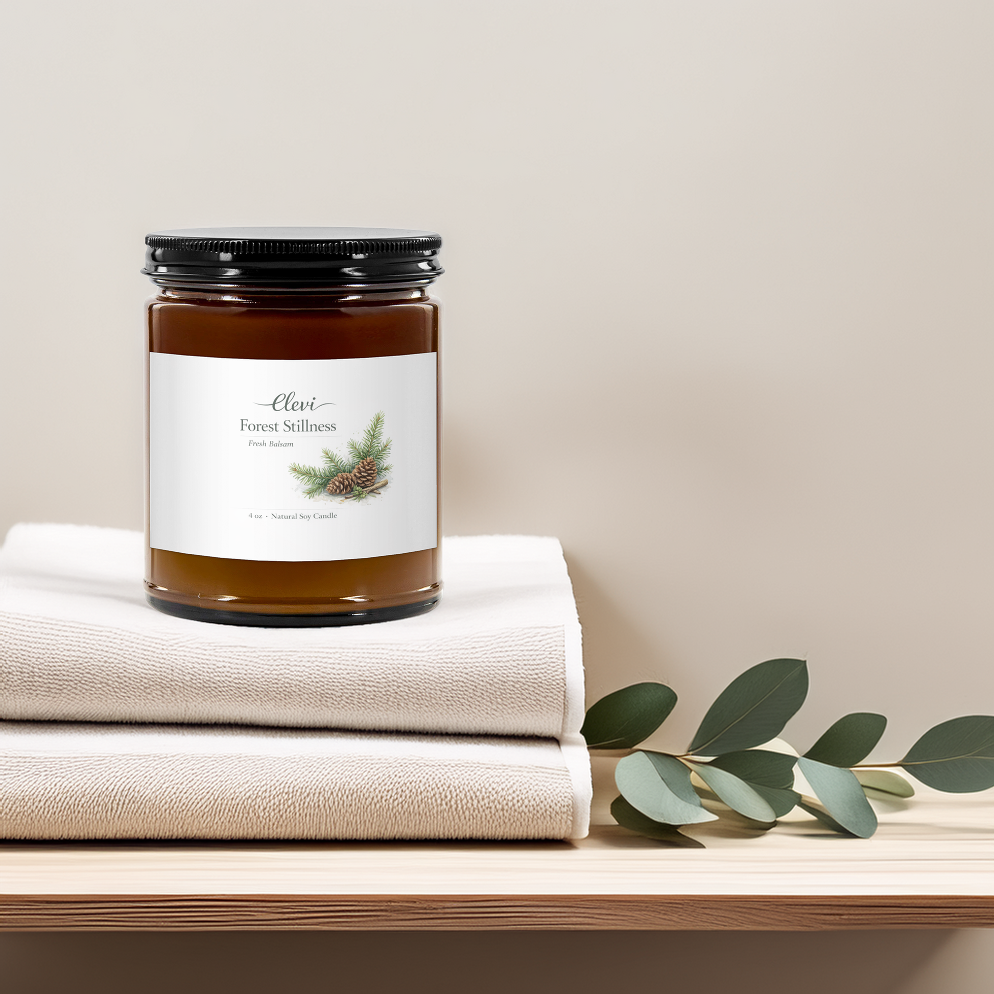 Elevi wellness candle label with calming scent blend